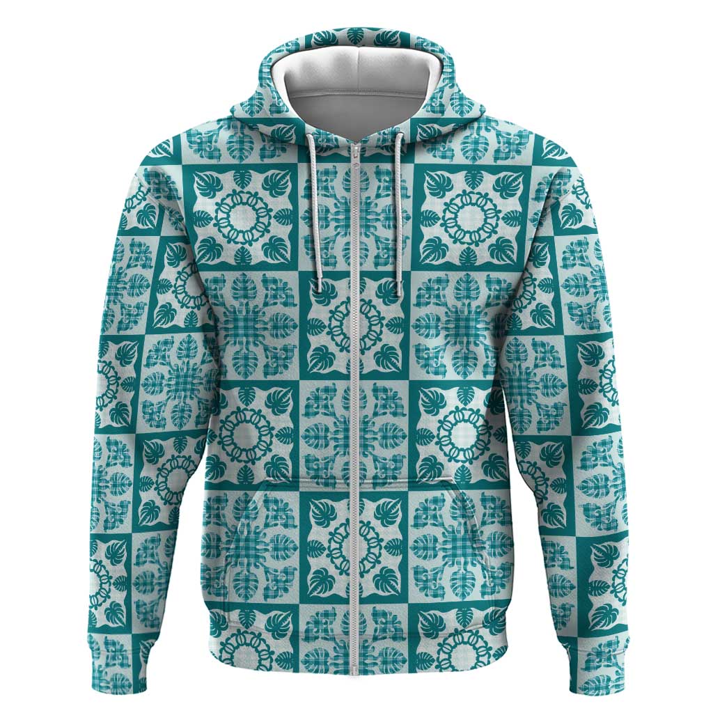 Cyan Palaka Quilt Hawaii Zip Hoodie Hawaiian Tropical Monstera Sea Turtle