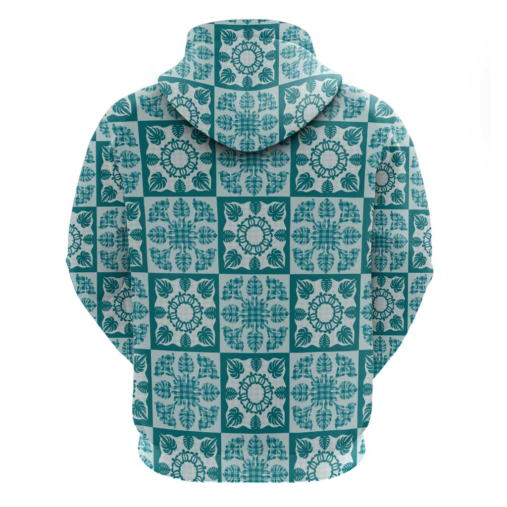 Cyan Palaka Quilt Hawaii Zip Hoodie Hawaiian Tropical Monstera Sea Turtle