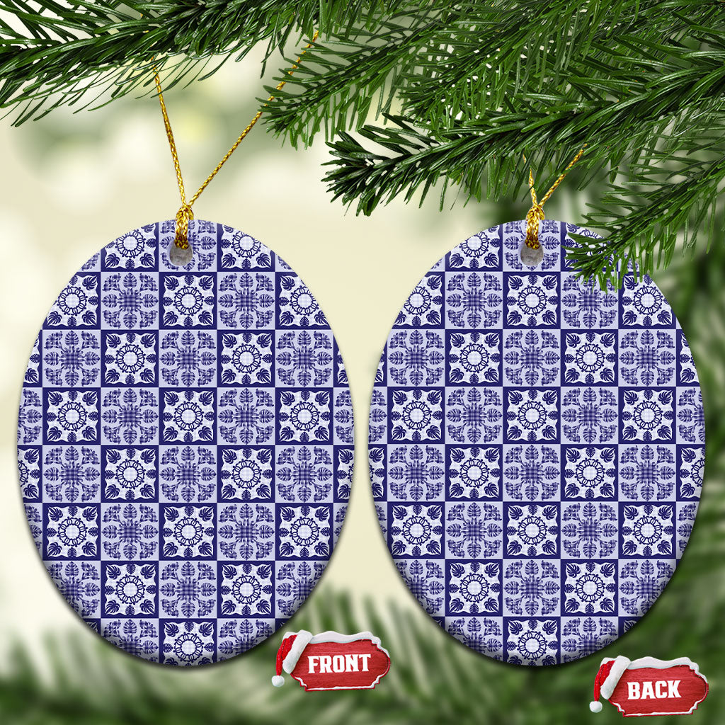 Polu Palaka Quilt Hawaii Ceramic Ornament Hawaiian Tropical Monstera Sea Turtle LT14 Oval Blue - Polynesian Pride