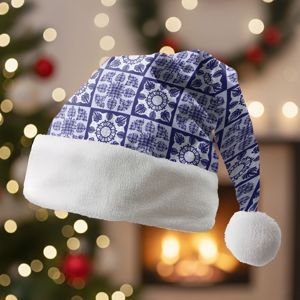 Polu Palaka Quilt Hawaii Christmas Santa Hat Hawaiian Tropical Monstera Sea Turtle LT14 Without Fur Blue - Polynesian Pride