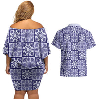 Polu Palaka Quilt Hawaii Couples Matching Off Shoulder Short Dress and Hawaiian Shirt Hawaiian Tropical Monstera Sea Turtle LT14 - Polynesian Pride