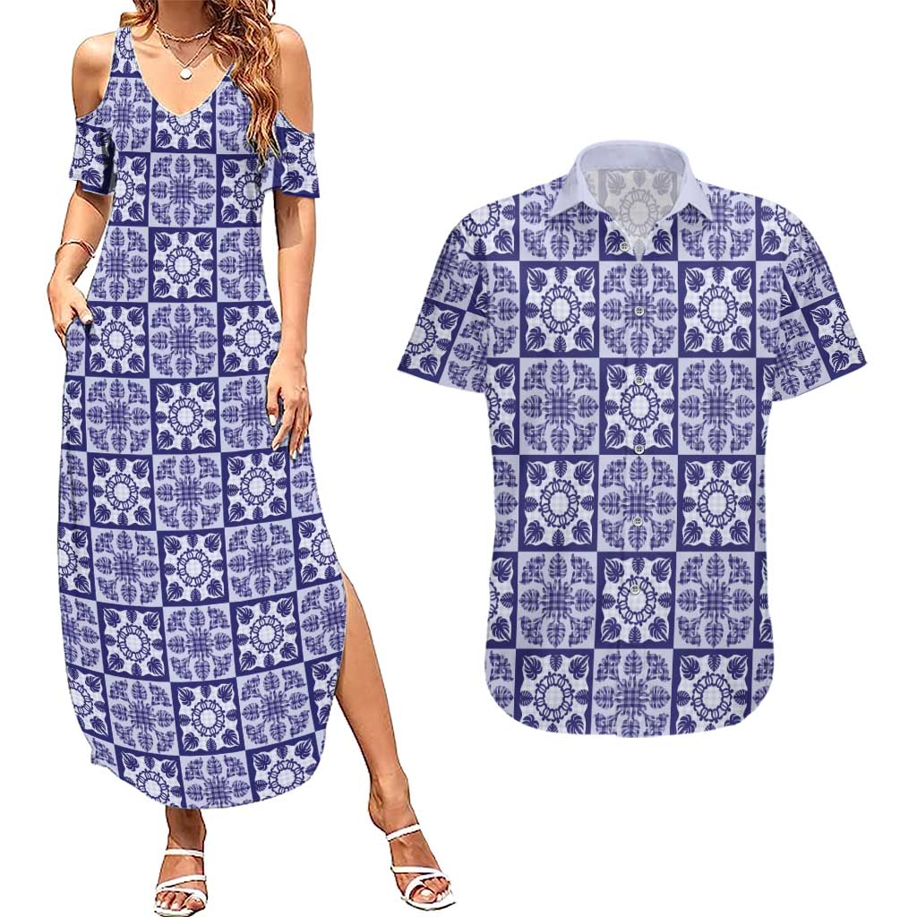Polu Palaka Quilt Hawaii Couples Matching Summer Maxi Dress and Hawaiian Shirt Hawaiian Tropical Monstera Sea Turtle LT14 Blue - Polynesian Pride
