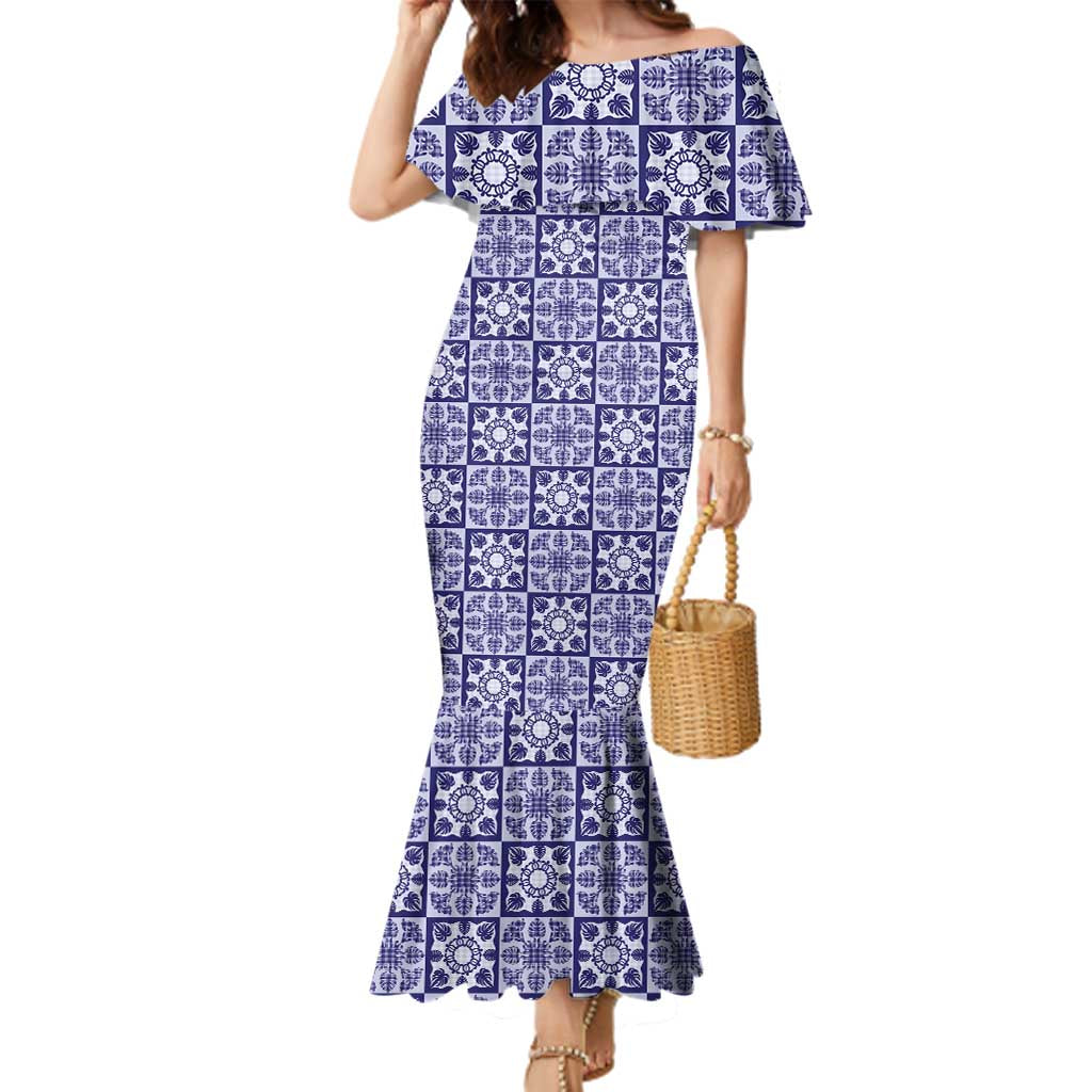Polu Palaka Quilt Hawaii Family Matching Mermaid Dress and Hawaiian Shirt Hawaiian Tropical Monstera Sea Turtle LT14 Mom's Dress Blue - Polynesian Pride