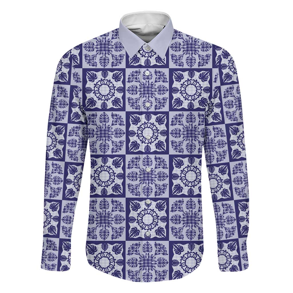 Polu Palaka Quilt Hawaii Family Matching Puletasi and Hawaiian Shirt Hawaiian Tropical Monstera Sea Turtle LT14 Dad's Shirt - Long Sleeve Blue - Polynesian Pride
