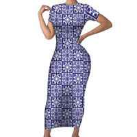 Polu Palaka Quilt Hawaii Family Matching Short Sleeve Bodycon Dress and Hawaiian Shirt Hawaiian Tropical Monstera Sea Turtle LT14 Mom's Dress Blue - Polynesian Pride
