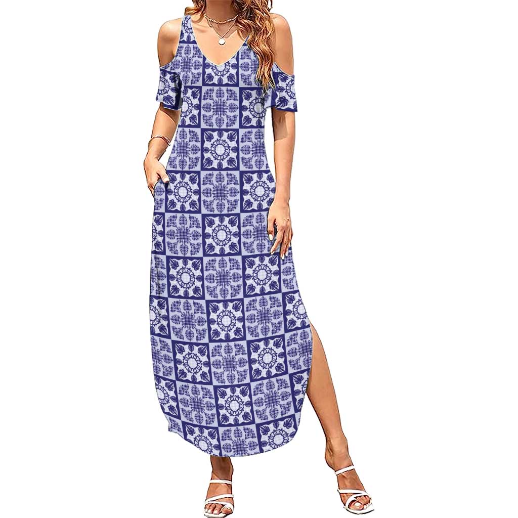 Polu Palaka Quilt Hawaii Family Matching Summer Maxi Dress and Hawaiian Shirt Hawaiian Tropical Monstera Sea Turtle LT14 Mom's Dress Blue - Polynesian Pride