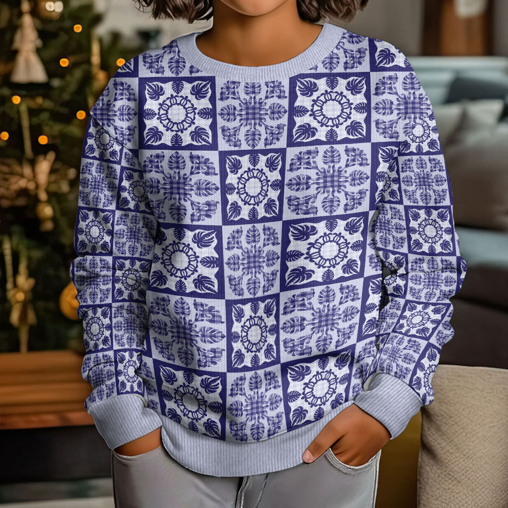Polu Palaka Quilt Hawaii Kid Ugly Christmas Sweater Hawaiian Tropical Monstera Sea Turtle LT14 - Polynesian Pride