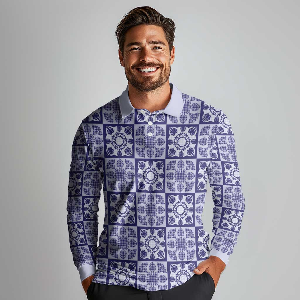 Polu Palaka Quilt Hawaii Long Sleeve Polo Shirt Hawaiian Tropical Monstera Sea Turtle