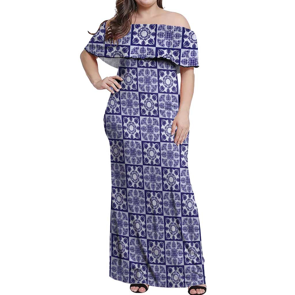 Polu Palaka Quilt Hawaii Off Shoulder Maxi Dress Hawaiian Tropical Monstera Sea Turtle