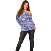 Polu Palaka Quilt Hawaii Off Shoulder Sweater Hawaiian Tropical Monstera Sea Turtle