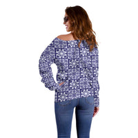 Polu Palaka Quilt Hawaii Off Shoulder Sweater Hawaiian Tropical Monstera Sea Turtle