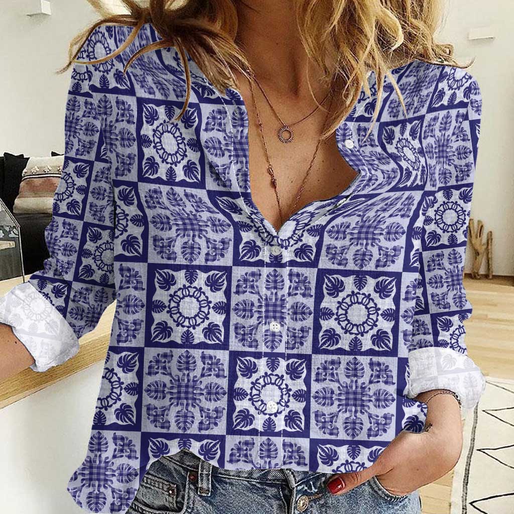 Polu Palaka Quilt Hawaii Women Casual Shirt Hawaiian Tropical Monstera Sea Turtle LT14 Female Blue - Polynesian Pride
