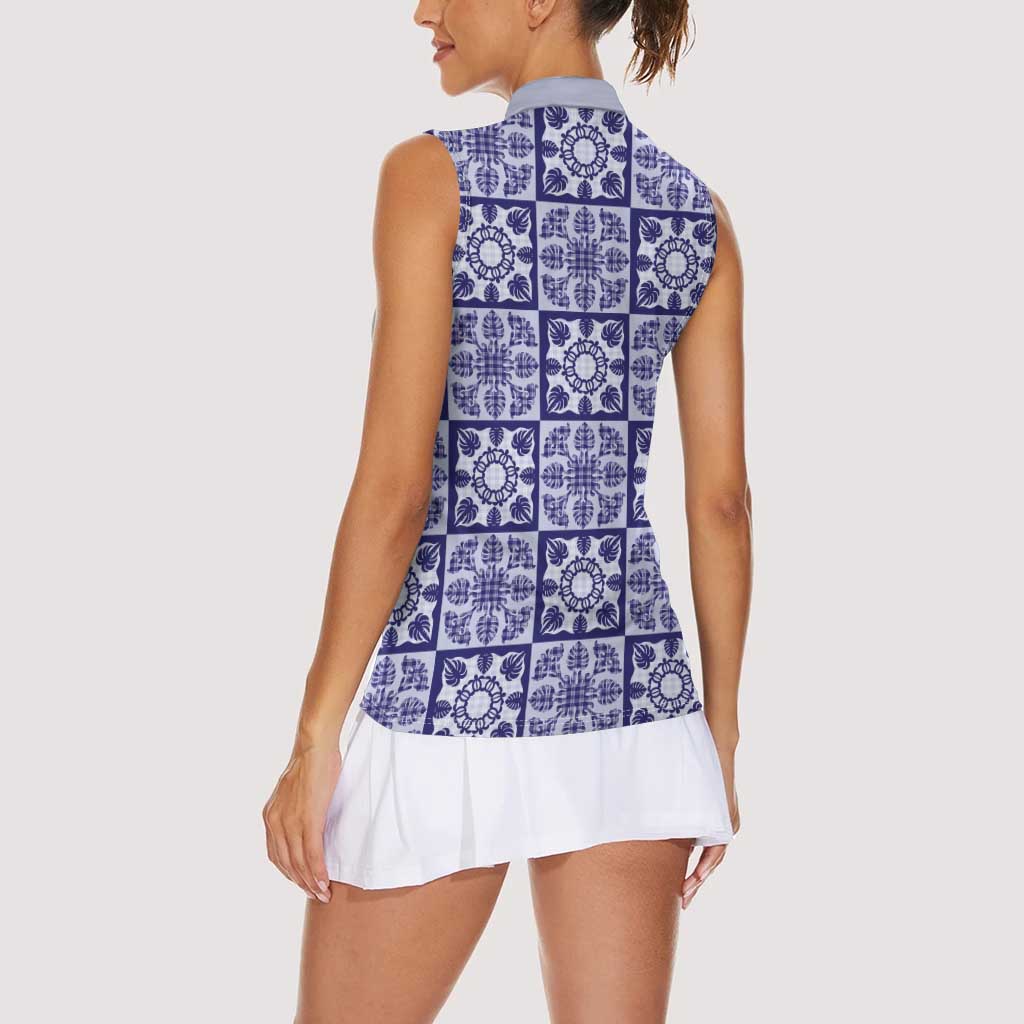 Polu Palaka Quilt Hawaii Women Sleeveless Polo Shirt Hawaiian Tropical Monstera Sea Turtle LT14 - Polynesian Pride