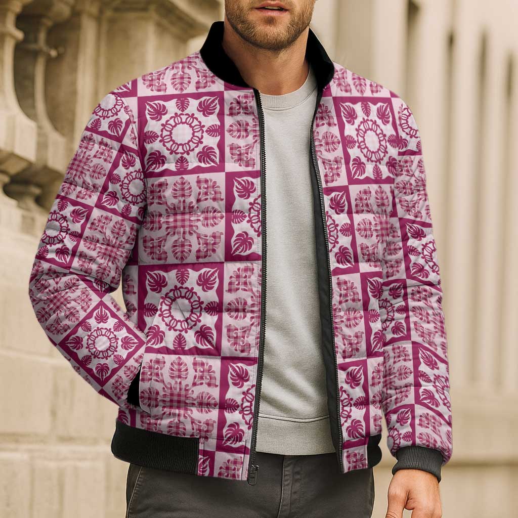 Akala Palaka Quilt Hawaii Bomber Puffer Jacket Hawaiian Tropical Monstera Sea Turtle
