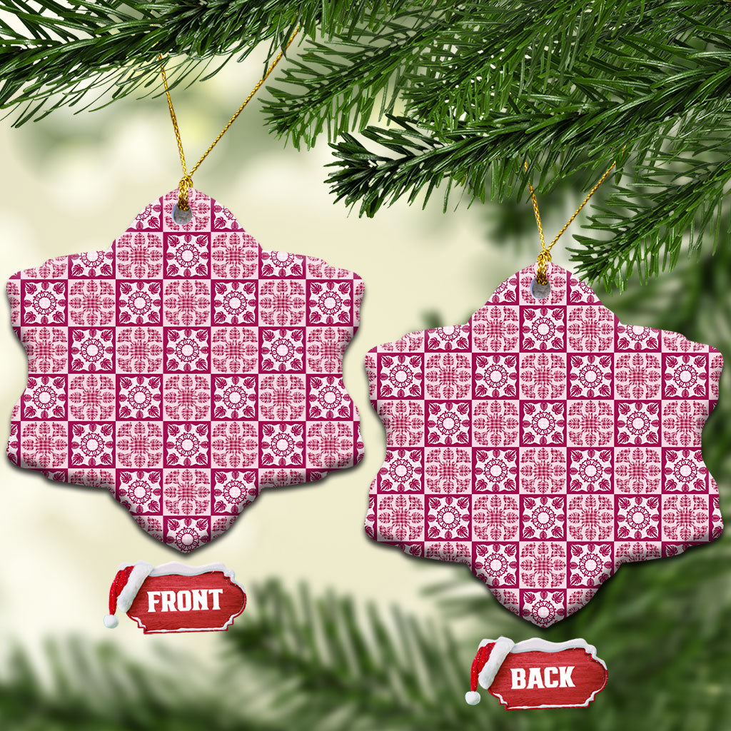 Akala Palaka Quilt Hawaii Ceramic Ornament Hawaiian Tropical Monstera Sea Turtle LT14 Snow Flake Pink - Polynesian Pride