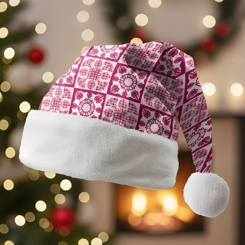 Akala Palaka Quilt Hawaii Christmas Santa Hat Hawaiian Tropical Monstera Sea Turtle LT14 Without Fur Pink - Polynesian Pride
