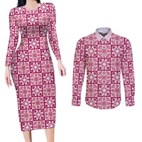 Akala Palaka Quilt Hawaii Couples Matching Long Sleeve Bodycon Dress and Long Sleeve Button Shirt Hawaiian Tropical Monstera Sea Turtle LT14 Pink - Polynesian Pride