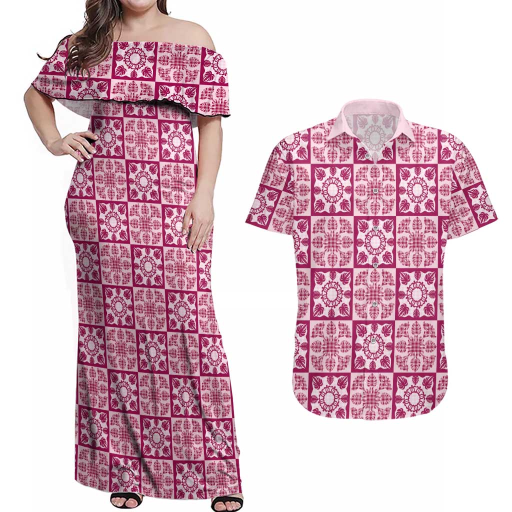Akala Palaka Quilt Hawaii Couples Matching Off Shoulder Maxi Dress and Hawaiian Shirt Hawaiian Tropical Monstera Sea Turtle LT14 Pink - Polynesian Pride