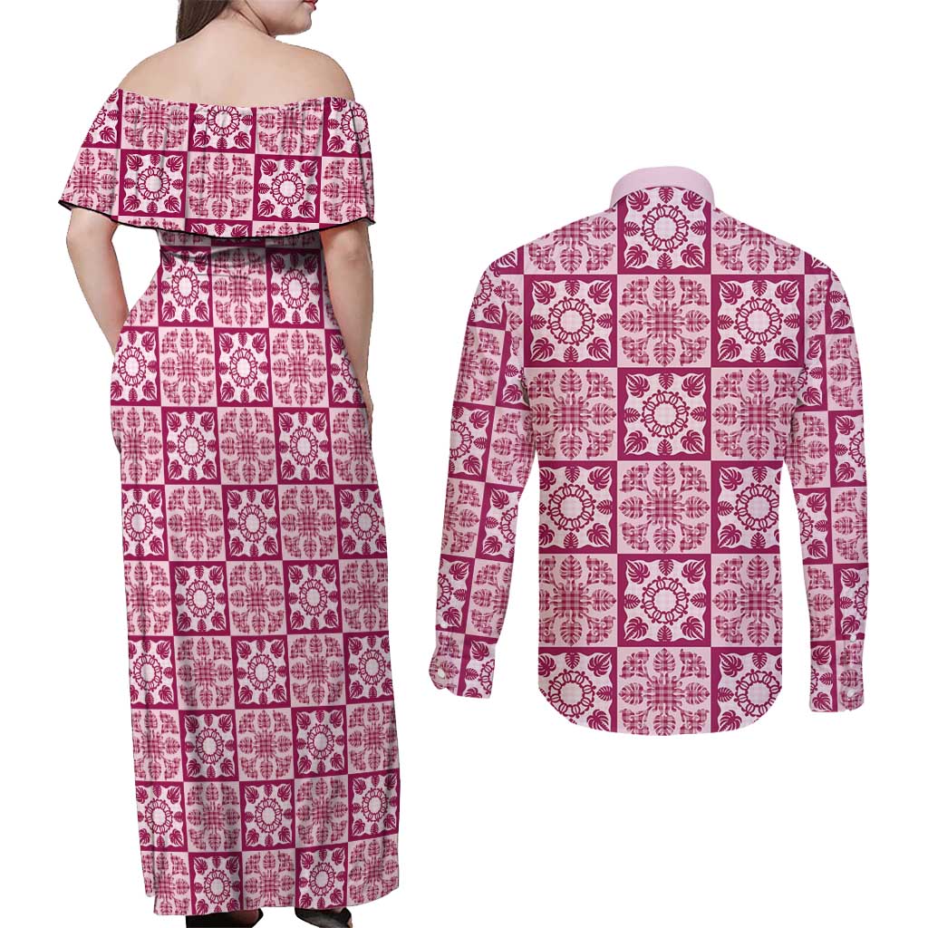Akala Palaka Quilt Hawaii Couples Matching Off Shoulder Maxi Dress and Long Sleeve Button Shirt Hawaiian Tropical Monstera Sea Turtle