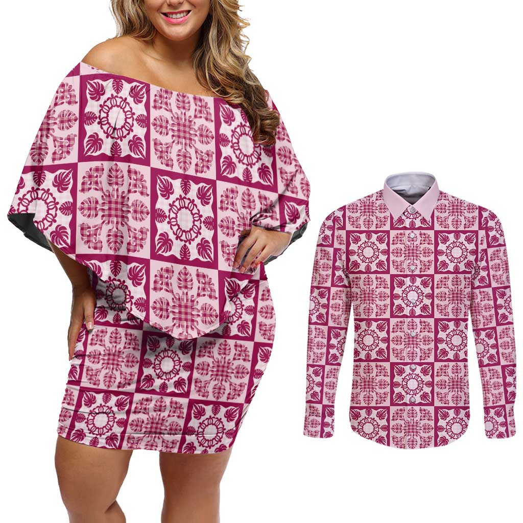 Akala Palaka Quilt Hawaii Couples Matching Off Shoulder Short Dress and Long Sleeve Button Shirt Hawaiian Tropical Monstera Sea Turtle