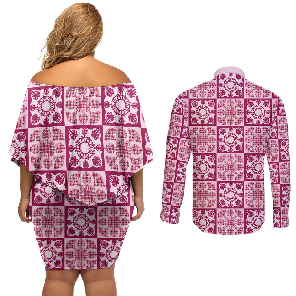 Akala Palaka Quilt Hawaii Couples Matching Off Shoulder Short Dress and Long Sleeve Button Shirt Hawaiian Tropical Monstera Sea Turtle