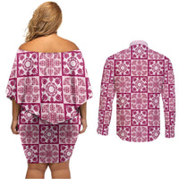 Akala Palaka Quilt Hawaii Couples Matching Off Shoulder Short Dress and Long Sleeve Button Shirt Hawaiian Tropical Monstera Sea Turtle