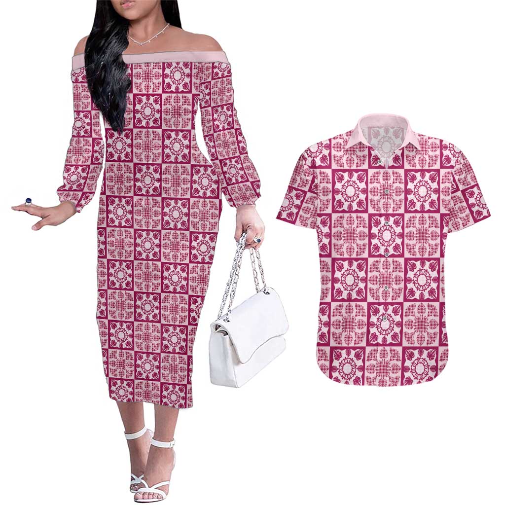 Akala Palaka Quilt Hawaii Couples Matching Off The Shoulder Long Sleeve Dress and Hawaiian Shirt Hawaiian Tropical Monstera Sea Turtle LT14 Pink - Polynesian Pride