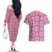 Akala Palaka Quilt Hawaii Couples Matching Off The Shoulder Long Sleeve Dress and Hawaiian Shirt Hawaiian Tropical Monstera Sea Turtle LT14 - Polynesian Pride