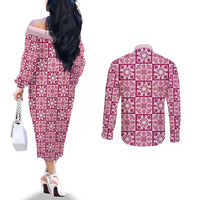 Akala Palaka Quilt Hawaii Couples Matching Off The Shoulder Long Sleeve Dress and Long Sleeve Button Shirt Hawaiian Tropical Monstera Sea Turtle LT14 - Polynesian Pride
