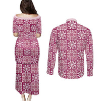 Akala Palaka Quilt Hawaii Couples Matching Puletasi and Long Sleeve Button Shirt Hawaiian Tropical Monstera Sea Turtle