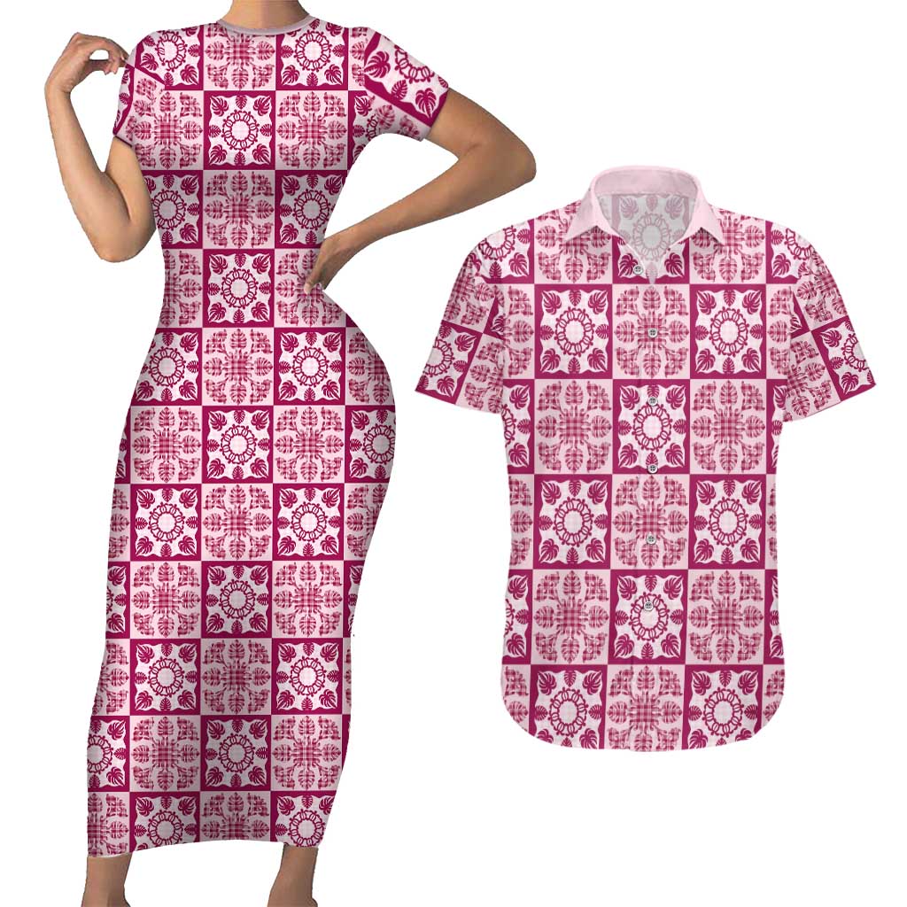 Akala Palaka Quilt Hawaii Couples Matching Short Sleeve Bodycon Dress and Hawaiian Shirt Hawaiian Tropical Monstera Sea Turtle LT14 Pink - Polynesian Pride