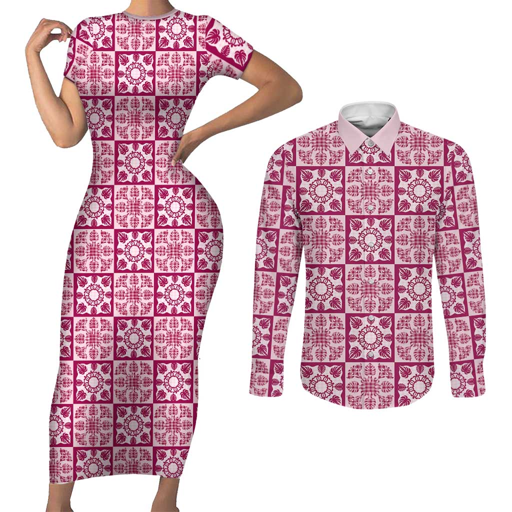 Akala Palaka Quilt Hawaii Couples Matching Short Sleeve Bodycon Dress and Long Sleeve Button Shirt Hawaiian Tropical Monstera Sea Turtle LT14 Pink - Polynesian Pride