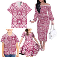 Akala Palaka Quilt Hawaii Family Matching Off The Shoulder Long Sleeve Dress and Hawaiian Shirt Hawaiian Tropical Monstera Sea Turtle LT14 - Polynesian Pride