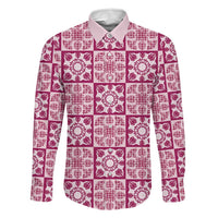 Akala Palaka Quilt Hawaii Family Matching Off The Shoulder Long Sleeve Dress and Hawaiian Shirt Hawaiian Tropical Monstera Sea Turtle LT14 Dad's Shirt - Long Sleeve Pink - Polynesian Pride
