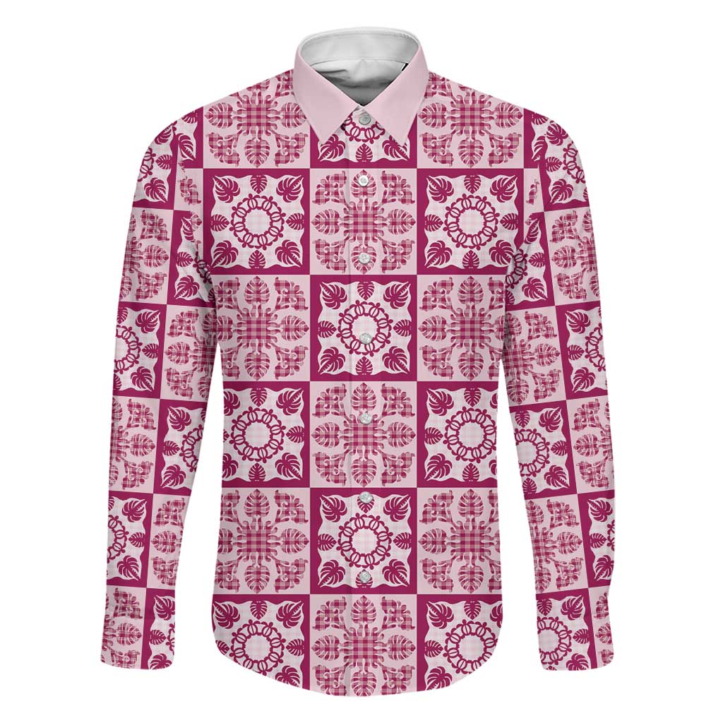 Akala Palaka Quilt Hawaii Family Matching Off Shoulder Maxi Dress and Hawaiian Shirt Hawaiian Tropical Monstera Sea Turtle LT14 Dad's Shirt - Long Sleeve Pink - Polynesian Pride
