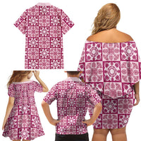 Akala Palaka Quilt Hawaii Family Matching Off Shoulder Short Dress and Hawaiian Shirt Hawaiian Tropical Monstera Sea Turtle LT14 - Polynesian Pride