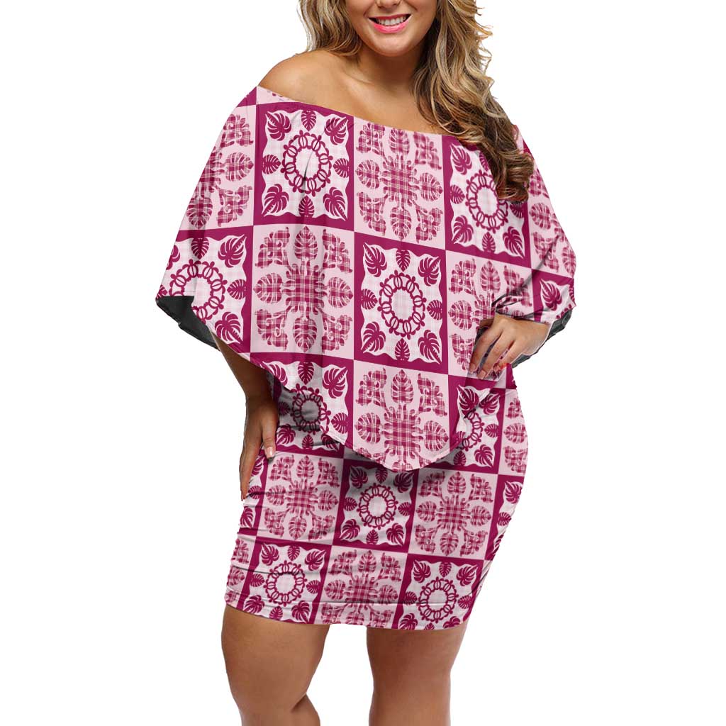 Akala Palaka Quilt Hawaii Family Matching Off Shoulder Short Dress and Hawaiian Shirt Hawaiian Tropical Monstera Sea Turtle LT14 Mom's Dress Pink - Polynesian Pride