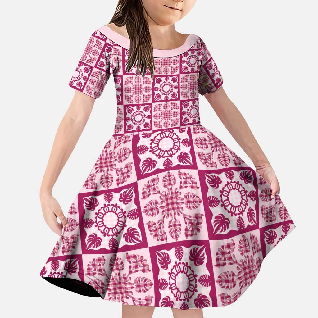 Akala Palaka Quilt Hawaii Family Matching Summer Maxi Dress and Hawaiian Shirt Hawaiian Tropical Monstera Sea Turtle LT14 Daughter's Dress Pink - Polynesian Pride