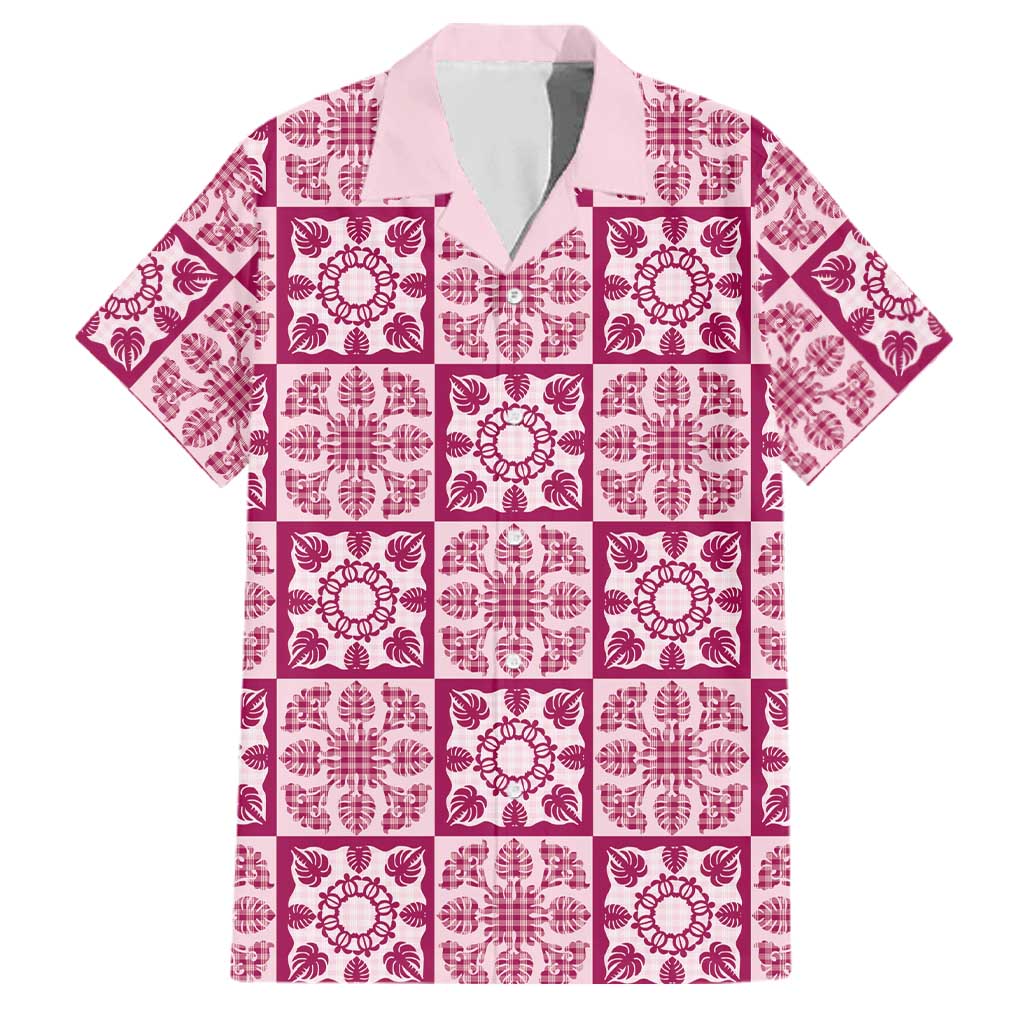 Akala Palaka Quilt Hawaii Family Matching Tank Maxi Dress and Hawaiian Shirt Hawaiian Tropical Monstera Sea Turtle LT14 Dad's Shirt - Short Sleeve Pink - Polynesian Pride