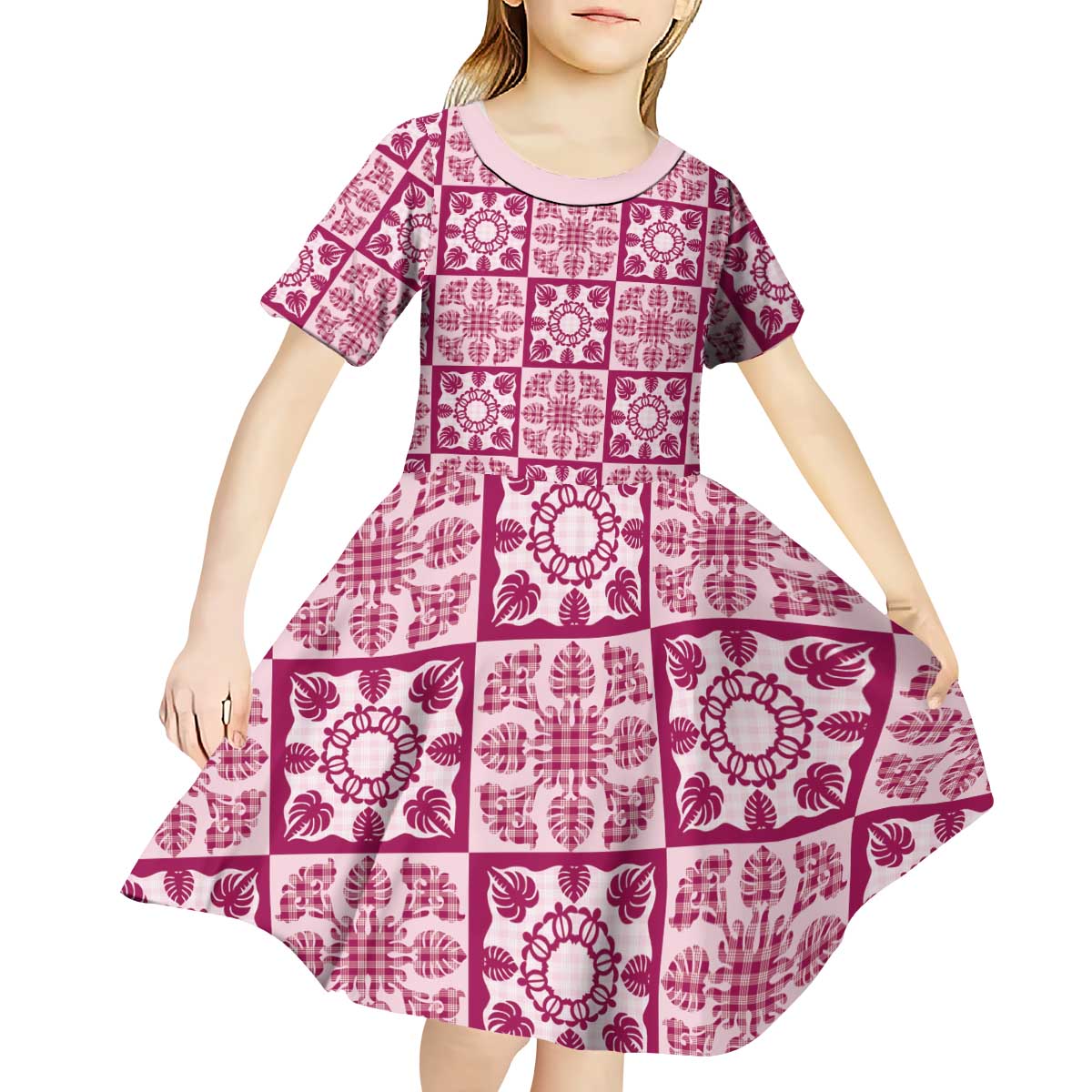 Akala Palaka Quilt Hawaii Kid Short Sleeve Dress Hawaiian Tropical Monstera Sea Turtle