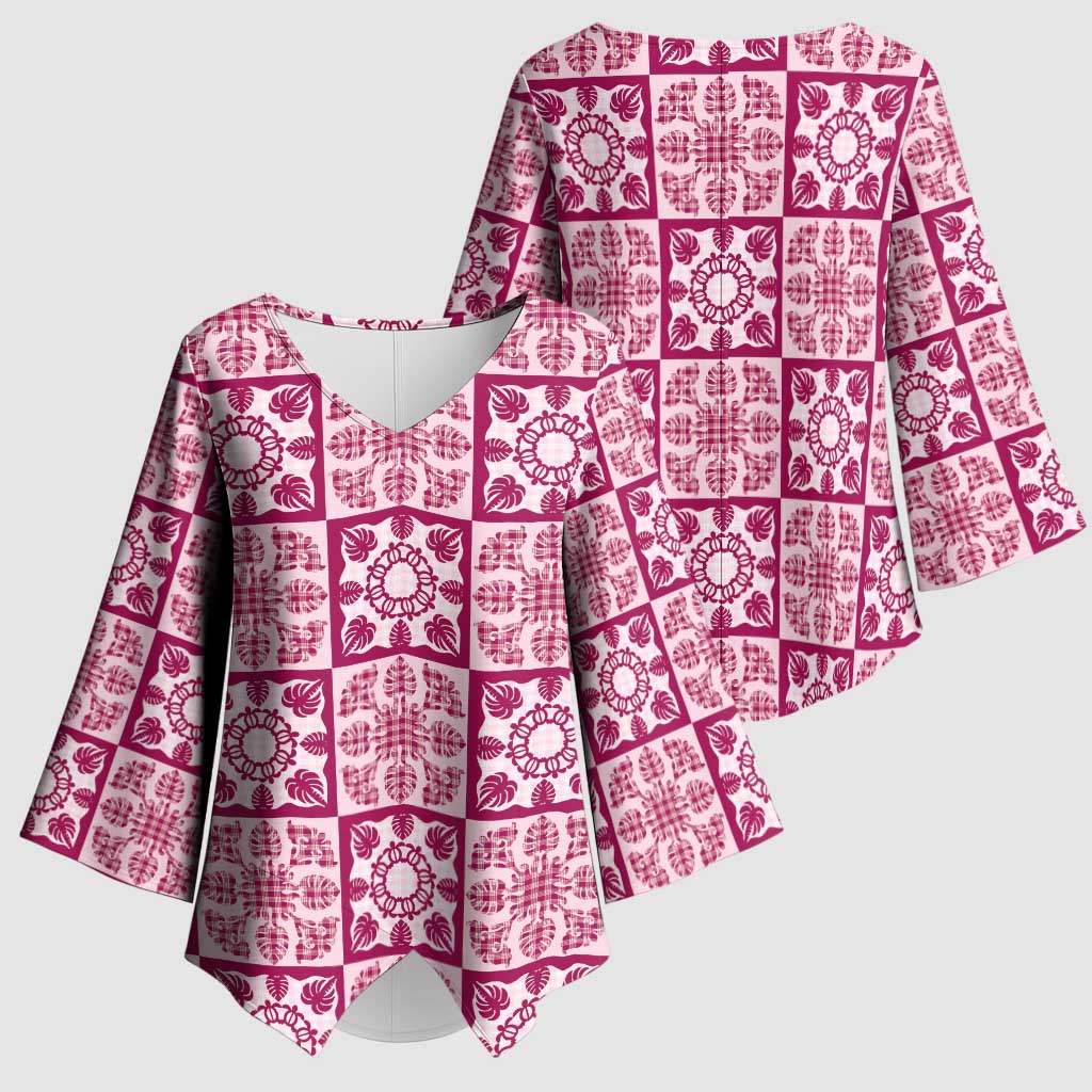 Akala Palaka Quilt Hawaii Kimono Sleeve Blouse Hawaiian Tropical Monstera Sea Turtle