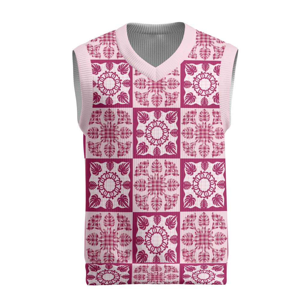 Akala Palaka Quilt Hawaii Christmas Knitted V-Neck Vest Hawaiian Tropical Monstera Sea Turtle LT14 Pink - Polynesian Pride