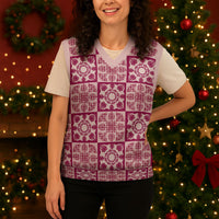 Akala Palaka Quilt Hawaii Christmas Knitted V-Neck Vest Hawaiian Tropical Monstera Sea Turtle LT14 - Polynesian Pride