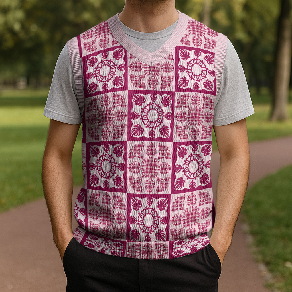 Akala Palaka Quilt Hawaii Christmas Knitted V-Neck Vest Hawaiian Tropical Monstera Sea Turtle LT14 - Polynesian Pride