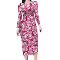 Akala Palaka Quilt Hawaii Long Sleeve Bodycon Dress Hawaiian Tropical Monstera Sea Turtle LT14 Long Dress Pink - Polynesian Pride