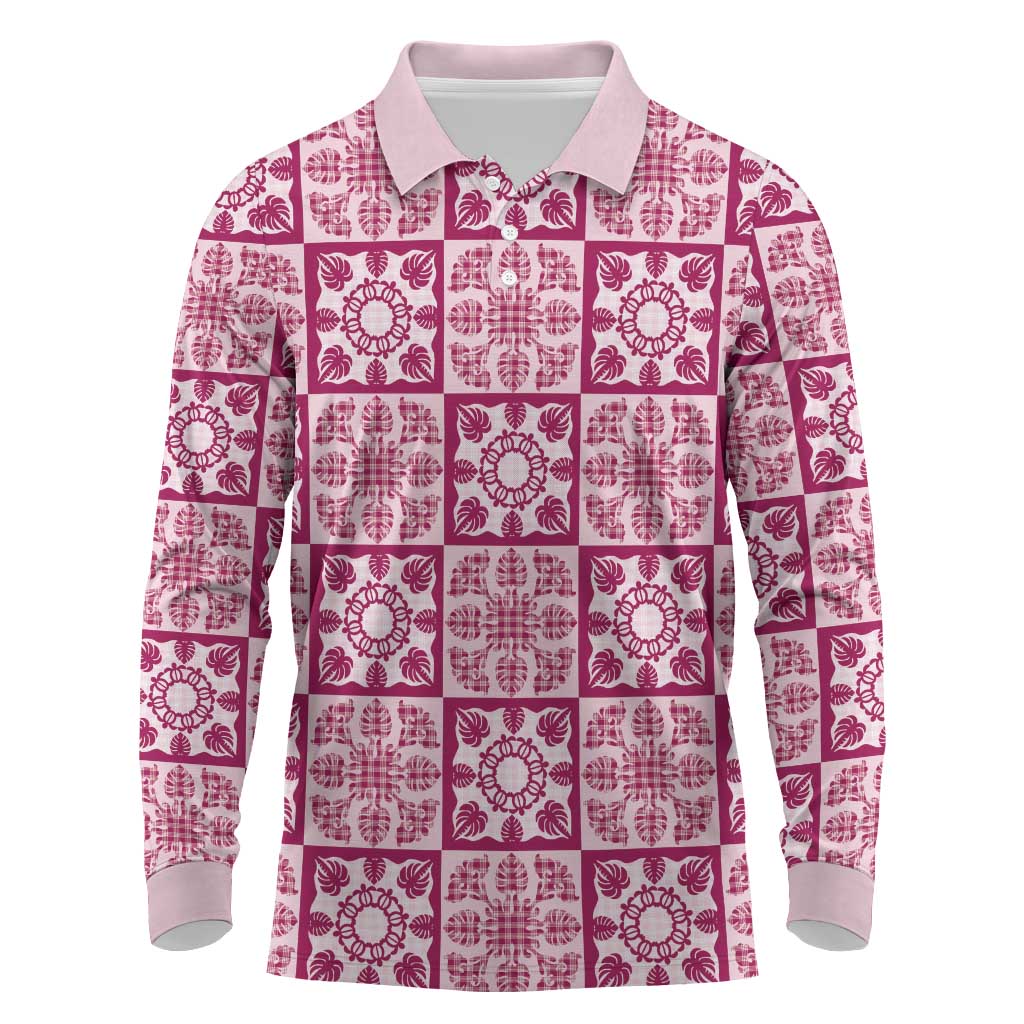 Akala Palaka Quilt Hawaii Long Sleeve Polo Shirt Hawaiian Tropical Monstera Sea Turtle