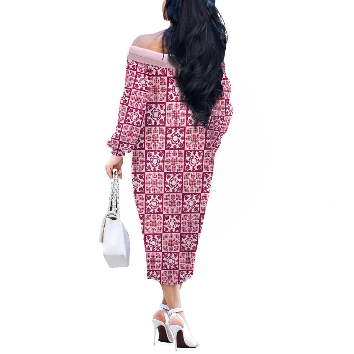 Akala Palaka Quilt Hawaii Off The Shoulder Long Sleeve Dress Hawaiian Tropical Monstera Sea Turtle