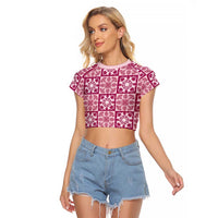 Akala Palaka Quilt Hawaii Raglan Cropped T Shirt Hawaiian Tropical Monstera Sea Turtle