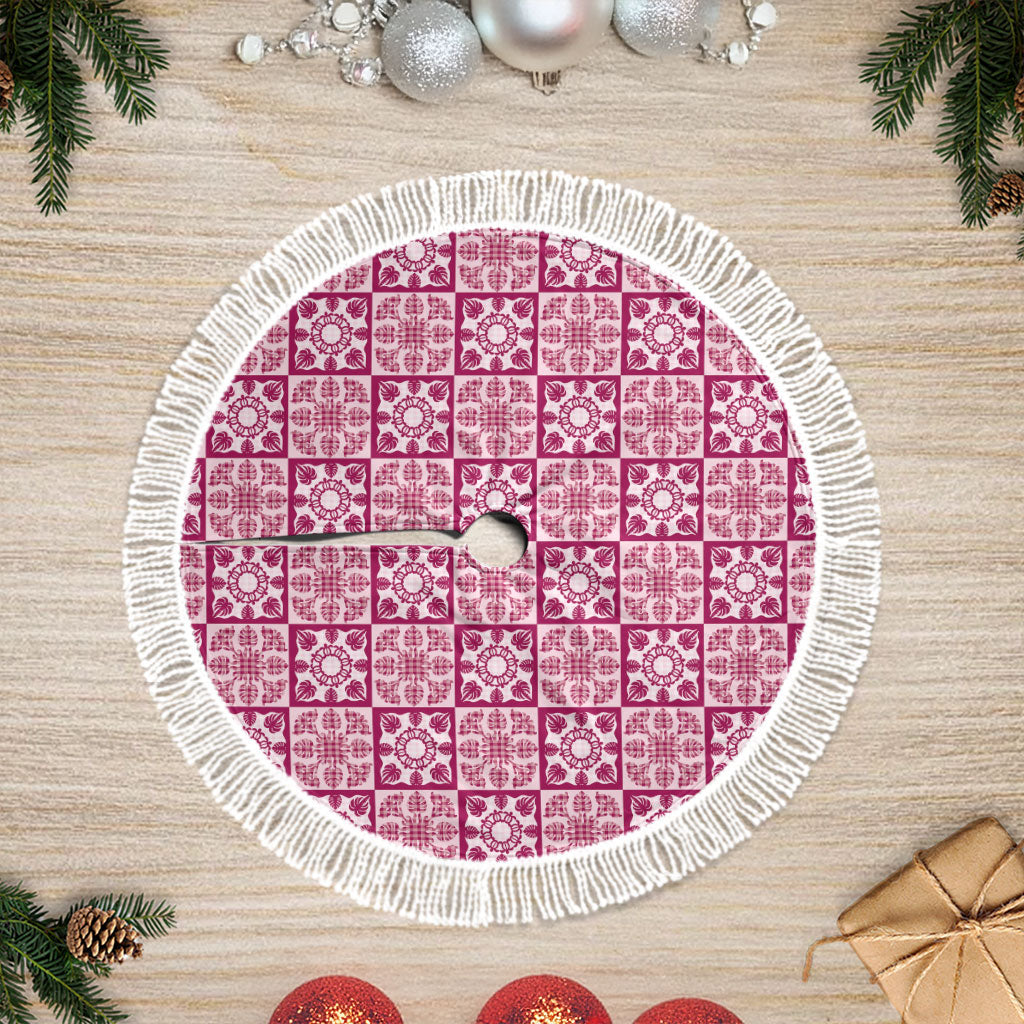 Akala Palaka Quilt Hawaii Tree Skirt Hawaiian Tropical Monstera Sea Turtle LT14 Fringed Pink - Polynesian Pride