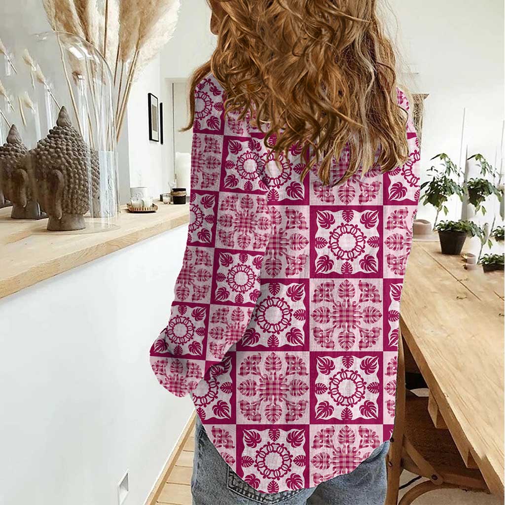 Akala Palaka Quilt Hawaii Women Casual Shirt Hawaiian Tropical Monstera Sea Turtle